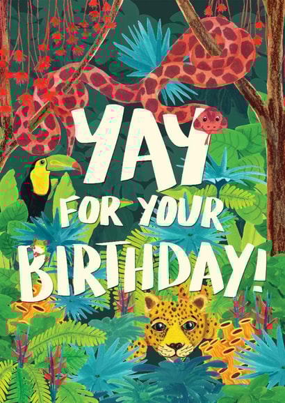 Fun Birthday Card - colourful jungle with cute animals  - Jaguar, Toucan & Snake created by Amy Turner