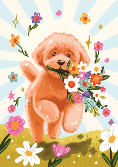 Cute Birthday Card - Labradoodle - Dog With Flowers created by Aniet Illustration