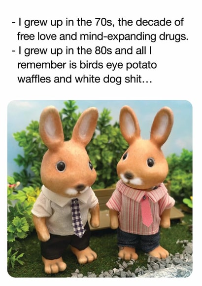 Funny Nostalgia Card – 70s 80s – Potato Waffles Dog Shit created by Brainbox Candy