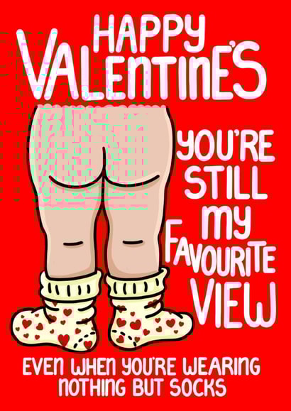 Funny Romantic Valentine’s Card – Cheeky Rear View with Heart Socks created by Louise Burgoyne