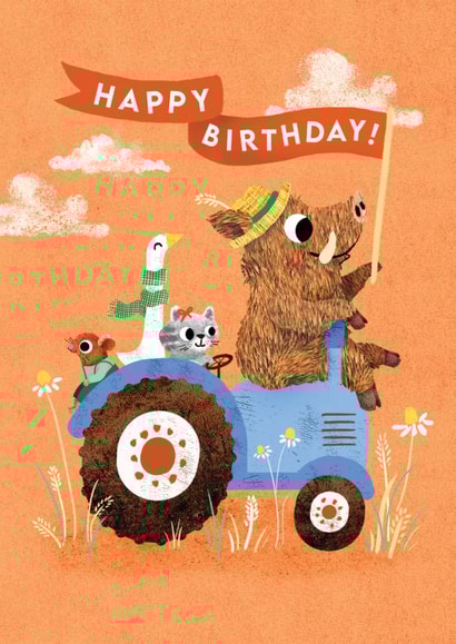Cute Birthday Card - Pig, Duck, Cat & Mouse - Tractor created by Emily Nash Illustration
