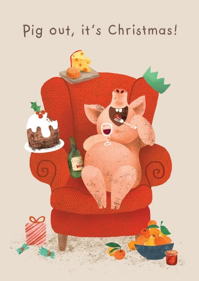 Funny Christmas Card - Pig Out - Pig Pun created by Emily Nash Illustration
