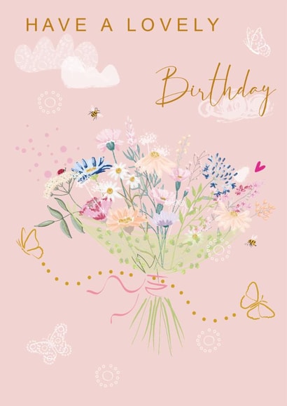 Classic Floral Birthday Bouquet Card - Bees Butterflies - Daisies Meadow Flowers created by SABIVO Design by Sabina