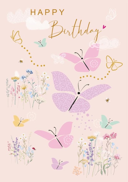 Cute Birthday Butterflies Card - For Her - Meadow Flowers and Bees created by SABIVO Design by Sabina