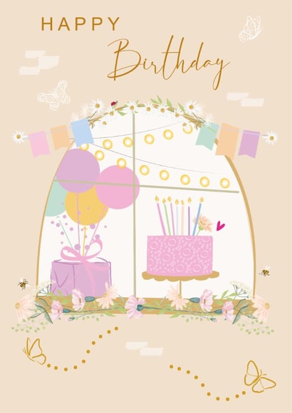 Cute Birthday Party Window Card - Cake & Present with Balloons - Floral Bunting created by SABIVO Design by Sabina