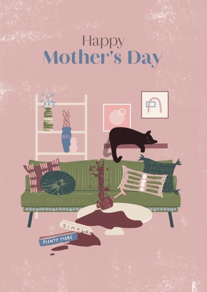 Cute Mother's Day Card - Cat Knocking Over Wine - Home scene Illustration created by Rebecca Prinn