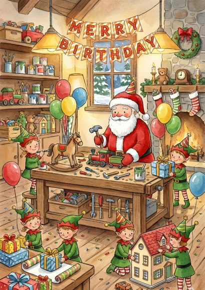 Merry Birthday Santa & Elves Workshop Card created by Tom Hobbs