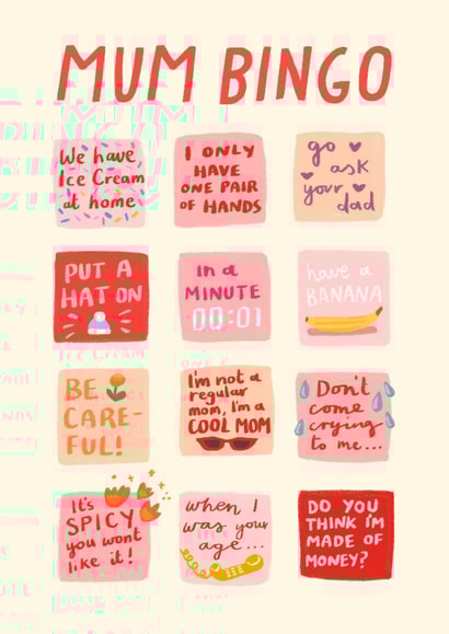 Funny Mother's Day Card - Mum Bingo - Game created by URGHH Card Co.