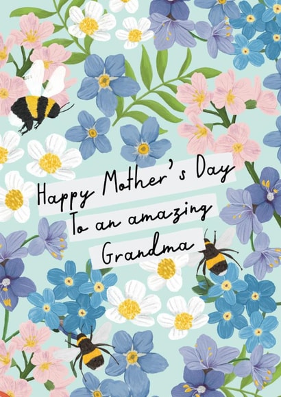 Grandma Mother's day card - Blue floral - Bumble bees - Pretty created by Rebecca Grantham