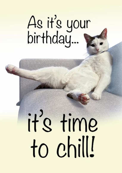 Funny birthday card showing a lazy cat on the sofa. created by AJN Design