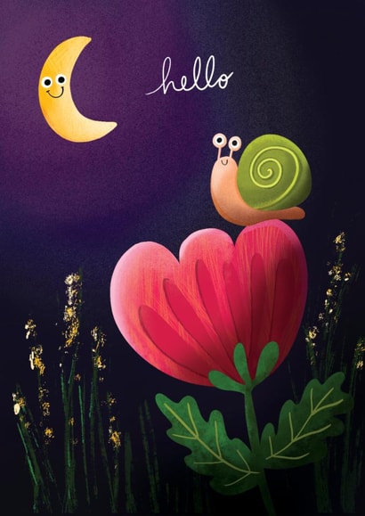 Cute Snail and Moon Hello Card - Sweet Thinking of You Floral Greeting created by Fox Card Co
