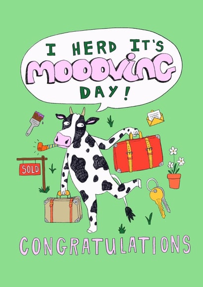 Funny cute new home - Cow - Moving day - Congratulations - Colourful Home created by PonkyWots