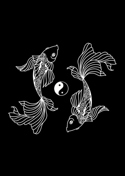 Yin Yang Koi Fish Illustration Card - monochrome - line art - spiritual zen created by Esther Denton