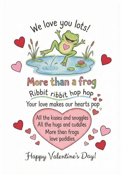 Cute Valentine's Card - We Love You More Than Frogs Love Puddles - Sweet Poem created by Tom Hobbs