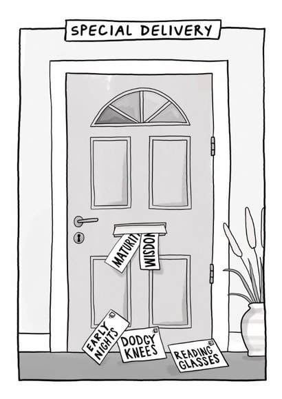 Funny Birthday Card - Special Delivery - Early Nights, Dodgy Knees & Reading Glasses created by Running with Scissors