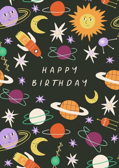 Arty Birthday Card - Outer Space Themed - Planets, Rocket Ships & Stars created by Sad Girl Illustration