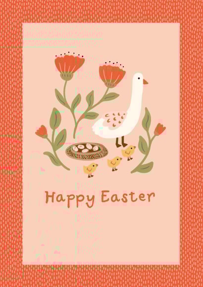 Cute Easter card - Mother duck, chicks and eggs in a nest surrounded by flowers created by Lotta Designs