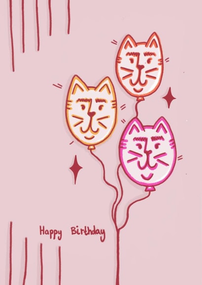Cute birthday card with balloon cats created by NiamhTheIllustrator