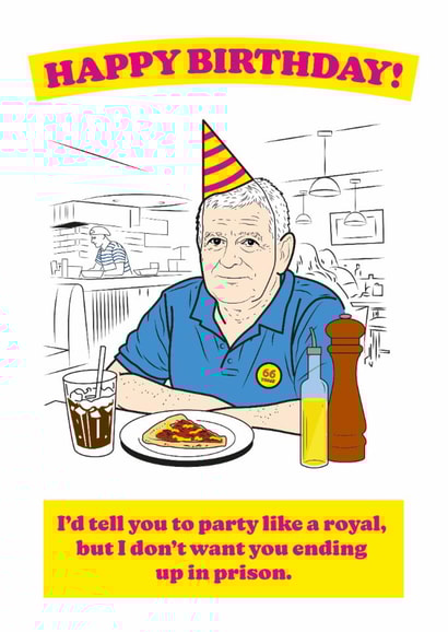 Funny birthday card relating to Prince Andrew and his recent problems created by Mint Ink