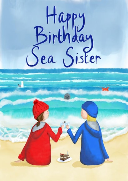 Fun Birthday Card - Swim Friend - Sea Sister - Swimmers at Beach - Cake - Seal created by Crafty Coast