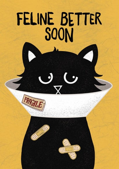 Funny Get Well Soon Card For Friend or Family - Cute Black Cat Cone of Shame created by Baldy And The Fidget
