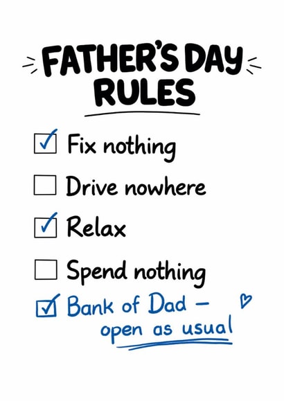 Funny Father's Day Card – Dad Rules Checklist Bank of Dad Open created by Louise Burgoyne