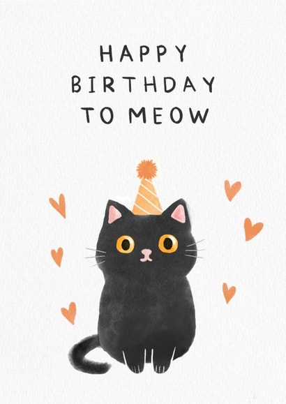 Cute Cat birthday card “happy birthday to meow” created by Lauren Rachael