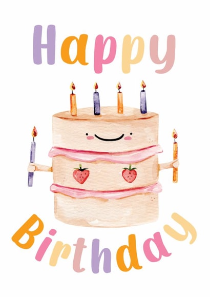 Cute Happy Birthday Cake Card –Watercolour Kawaii Smiling Strawberry Cake Design created by Michelle Khoury