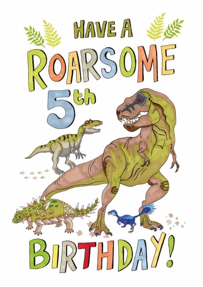 Roarsome 5th Birthday card for Dinosaur lover! Hand drawn T-Rex, Allosaurus. created by Life's Little Doodles