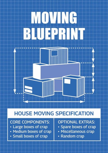 Funny New Home Card - Moving Blueprint - Boxes Of Crap created by Versed Aid