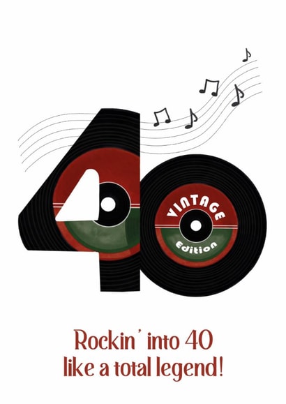 40th Birthday Card – Vintage Vinyl Record Rock Legend created by Treasure and Blossom