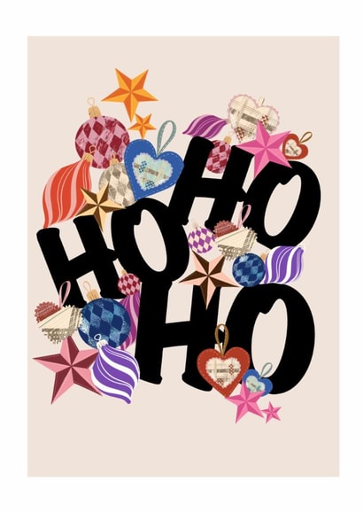 Ho Ho Ho Christmas l Colourful Festive Ornament Typography greeting card created by Ayesha Idris