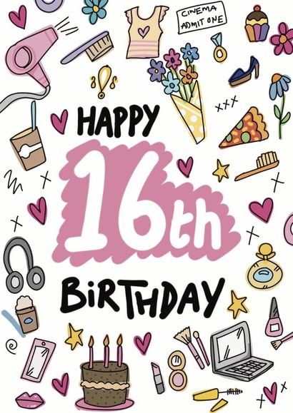 Happy 16th Birthday Card For Teenage Girl – Cute Sweet Sixteen created by ROSHAH DESIGNS