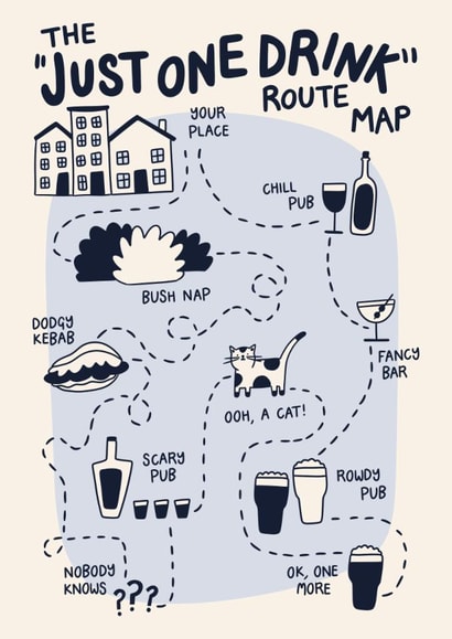 Funny Birthday Card - Just One Drink - Route Map created by Christine Cuddihy Illustration