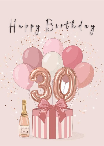 Rose Gold & Blush Pink 30th Birthday Balloons & Champagne Card created by Pretty Unique Gifts 