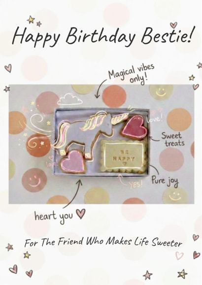 Cute Unicorn Happy Birthday Bestie Card – Sweet Treats & Magical Vibes created by nila holden