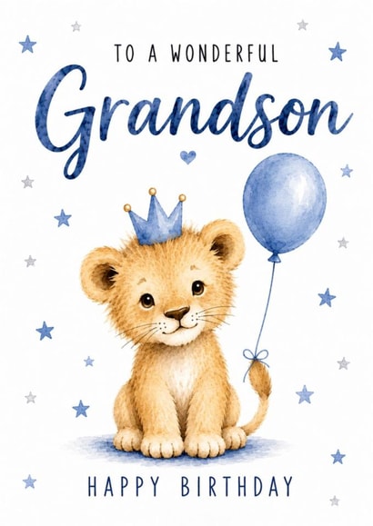 Cute Grandson Birthday Card With Lion Cub And Blue Balloon created by BeauPrintBoutique