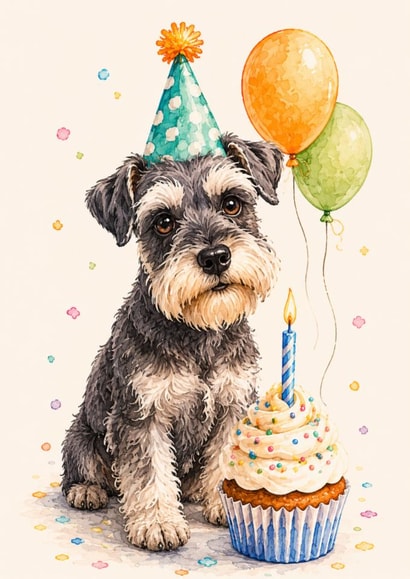Cute Schnauzer Birthday Card with Cupcake, Balloons and Party Hat Design created by Bethany Brown