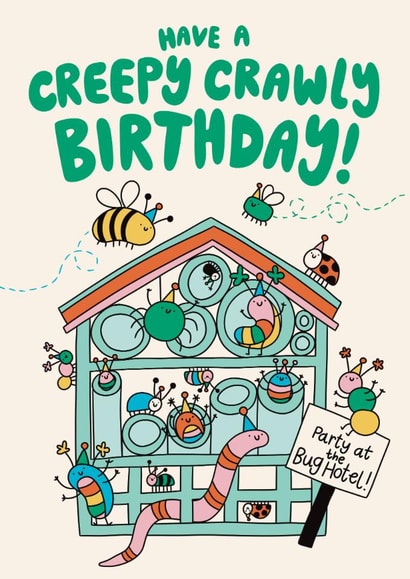 Cute Birthday Card - Bug Hotel Party - Creepy Crawly Birthday created by Christine Cuddihy Illustration