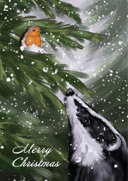 Cute Robin & Badger Christmas Card - Traditional Merry Christmas -Snowy Wildlife created by Jade Blakeley