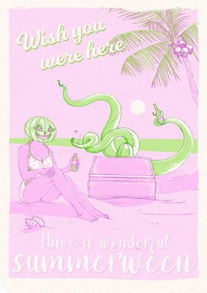 Spooky Summerween Beach Holiday Card - Sunbathing - Wish you were here created by Quiet Forest Illustration