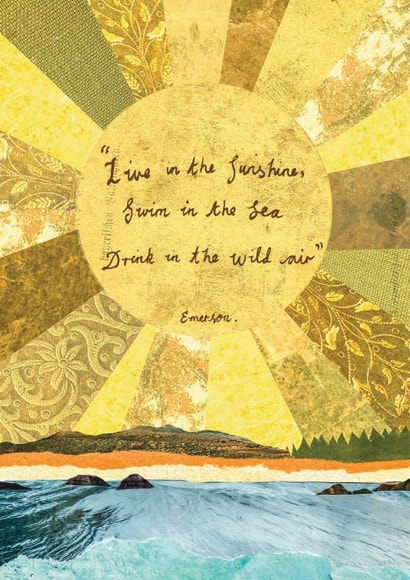 Inspirational Emerson quote card with collaged sunshine and landscape created by Greyling Post