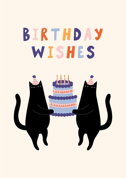 Cute Birthday Card - Birthday Wishes - Black Cats - Cake created by Sad Girl Illustration