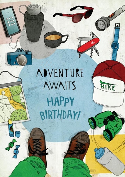 Classic Birthday Card - Adventure Awaits - Camping - Hiking created by Pencilface