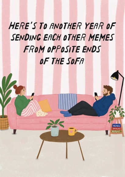 Funny Anniversary Card - Sending Memes - Opposite Ends Of The Sofa created by Sweetlove Press