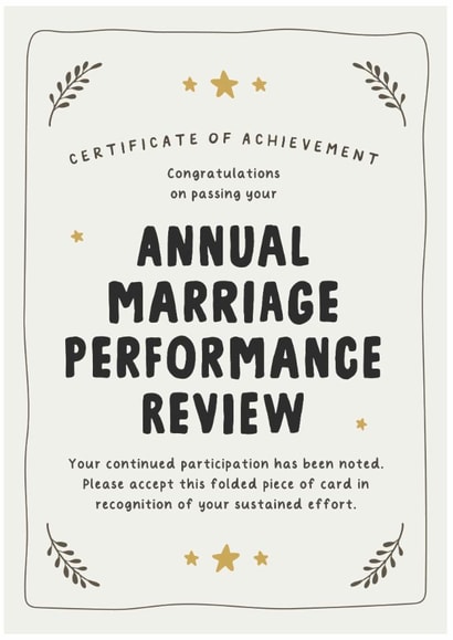Funny Wedding Anniversary card - Certificate - Performance Review for Him or Her created by Kreate Paper Co.
