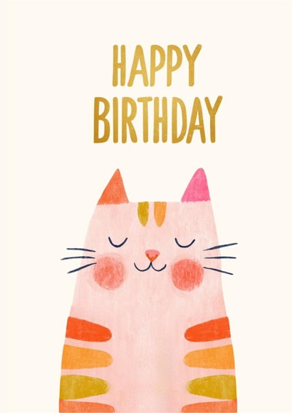 Cute Cat Birthday Card for Her – Pink Striped Cat Illustration created by Blossom Hound Designs