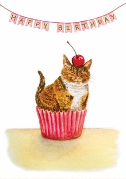Cute cat in a cupcake case with cherry - Happy Birthday for cat and cake lovers created by Zoe Pearl