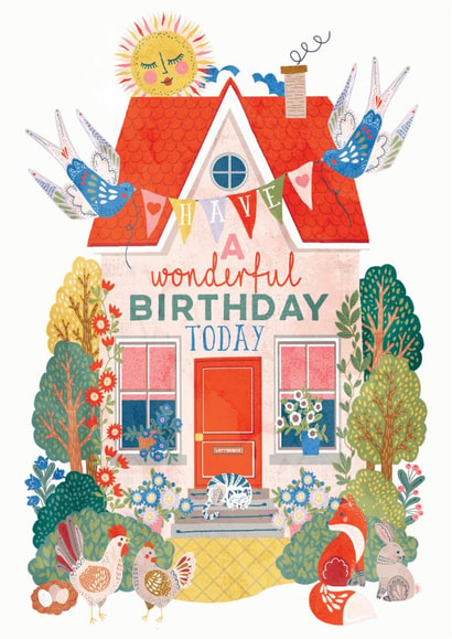 Pretty Cottage Birthday Card for Her with Floral Garden Scene and Cute Animals created by THE PRINTED SQUARE STUDIO