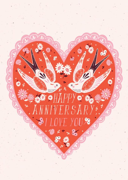 Happy Anniversary Card for Husband, Wife or Partner Vintage Love Birds and Heart created by THE PRINTED SQUARE STUDIO